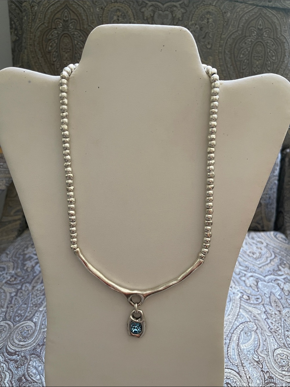 Silver Plated Beaded Necklace with Blue Pendant